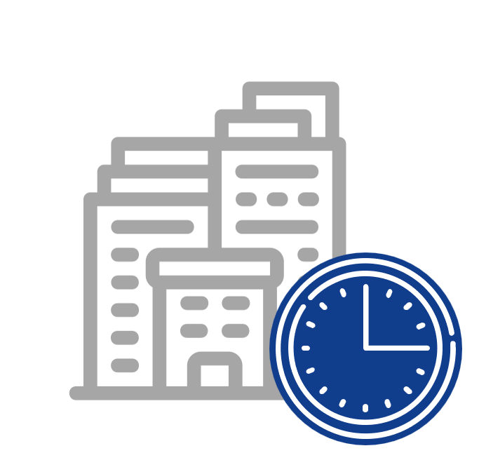 Icono de edificio con reloj representando velocidad, eficiencia y efectividad.