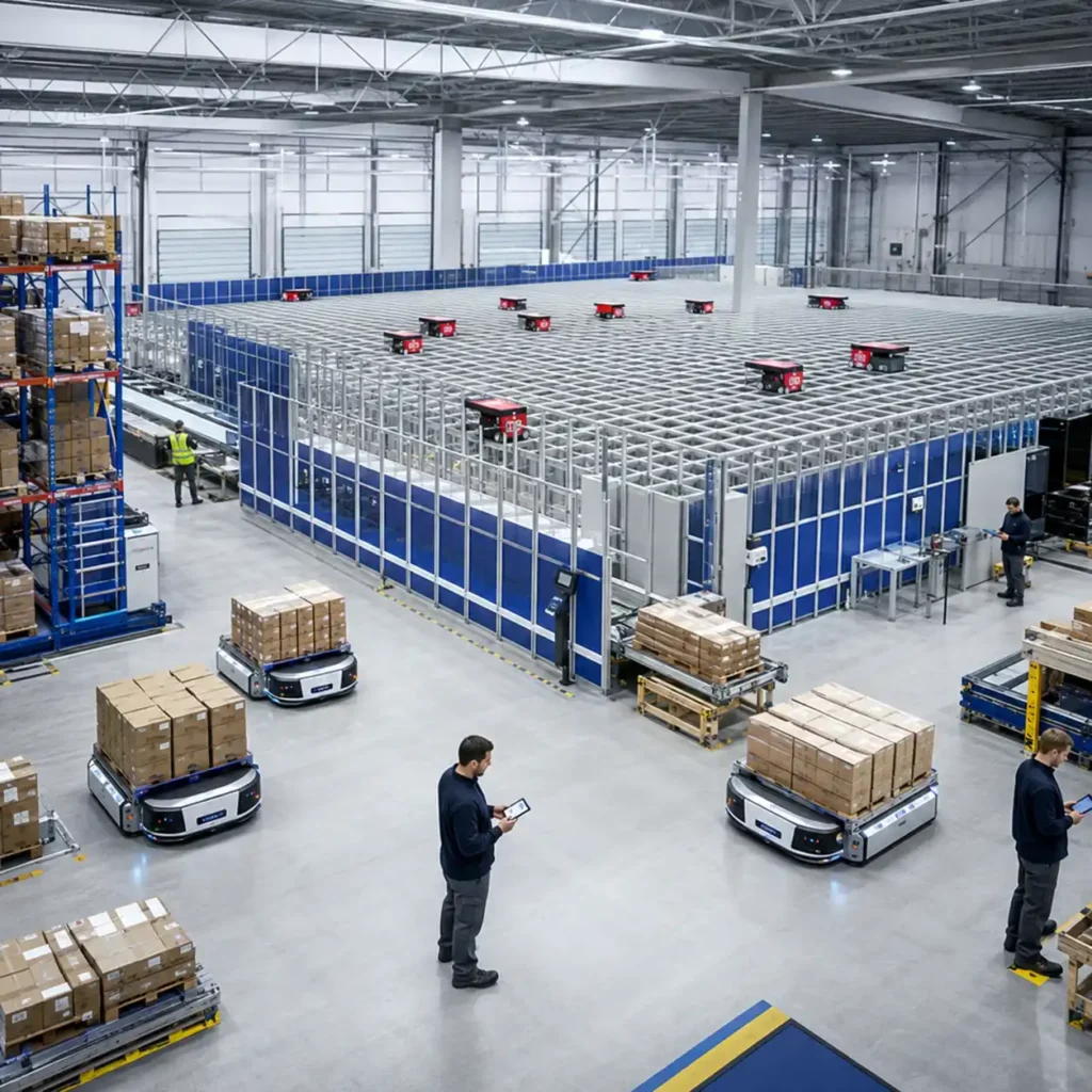 Imagen que muestra un almacén automatizado: con un picking de autostore, robots, bandas transportadoras y personal empleando hand helds.
