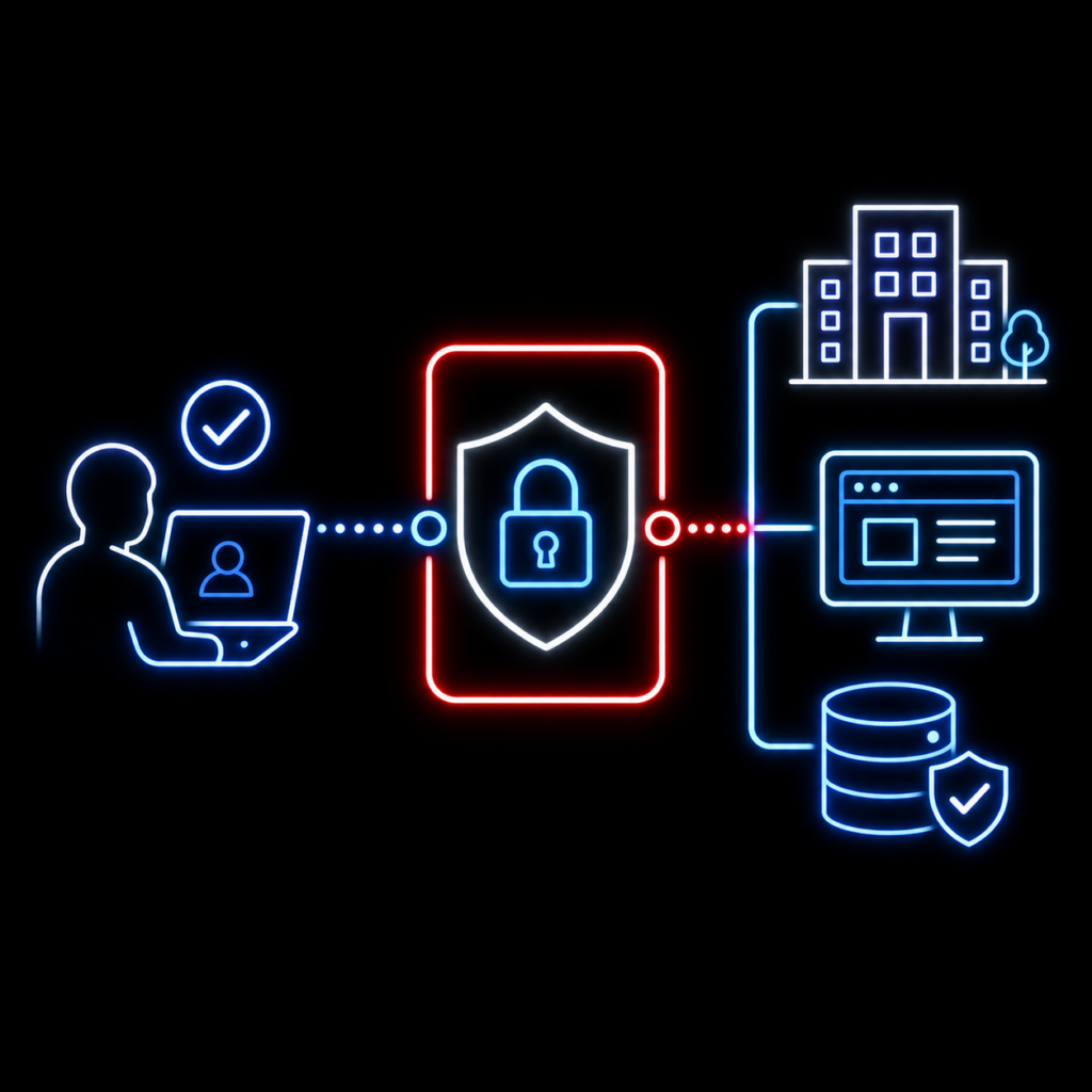 Icono de acceso remoto seguro con usuario conectado desde una laptop, escudo con candado y acceso protegido a aplicaciones, bases de datos y recursos de la empresa.