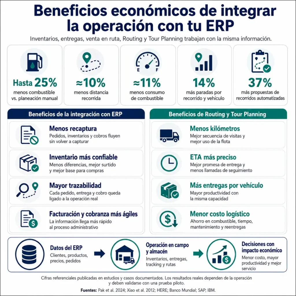 Infografía de integración con ERP mediante API para sincronizar clientes, productos, inventarios, pedidos, ventas, entregas, cobros, devoluciones, evidencias y ubicaciones entre las aplicaciones móviles y el backoffice para realizar la optimización logística.