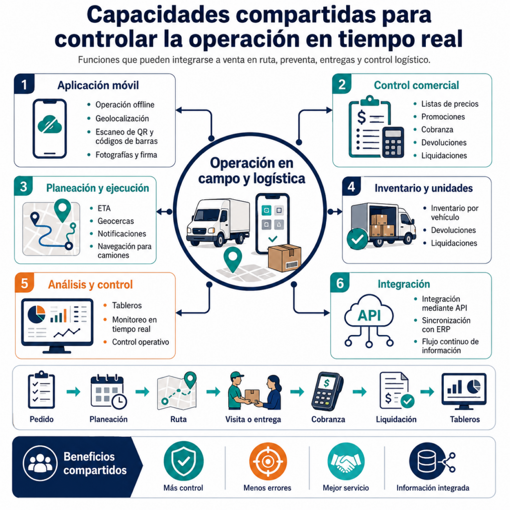 Infografía de capacidades compartidas para controlar la operación en tiempo real mediante aplicación móvil, geolocalización, inventario por vehículo, cobranza, liquidaciones, tableros e integración con ERP por API.