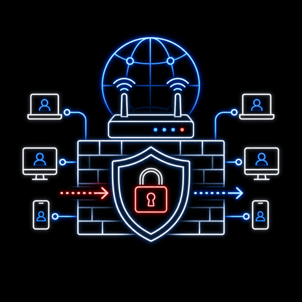 Icono de protección de redes y comunicaciones con firewall, router, dispositivos conectados, escudo y candado de seguridad.