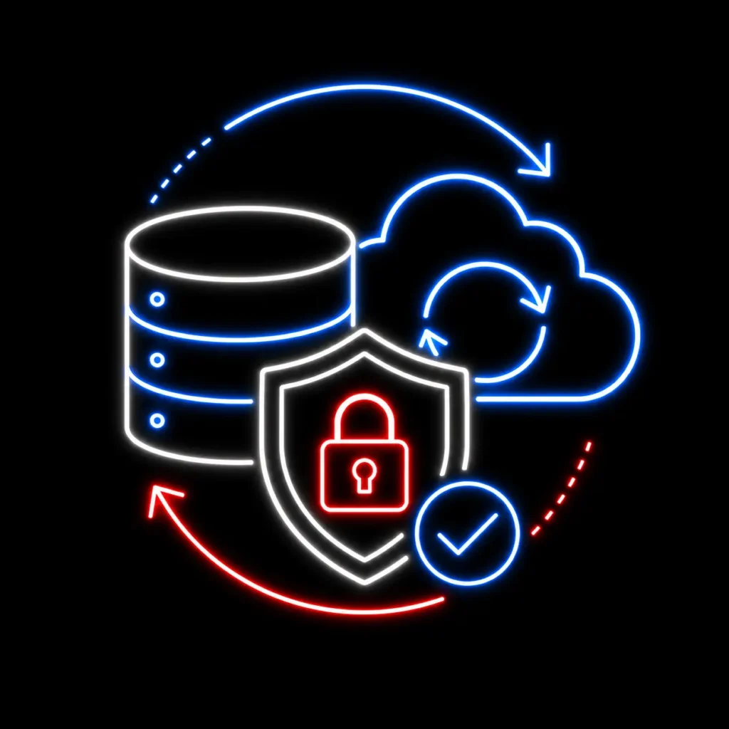 Icono de protección de datos y respaldos con base de datos, nube, sincronización, escudo, candado y verificación de seguridad.