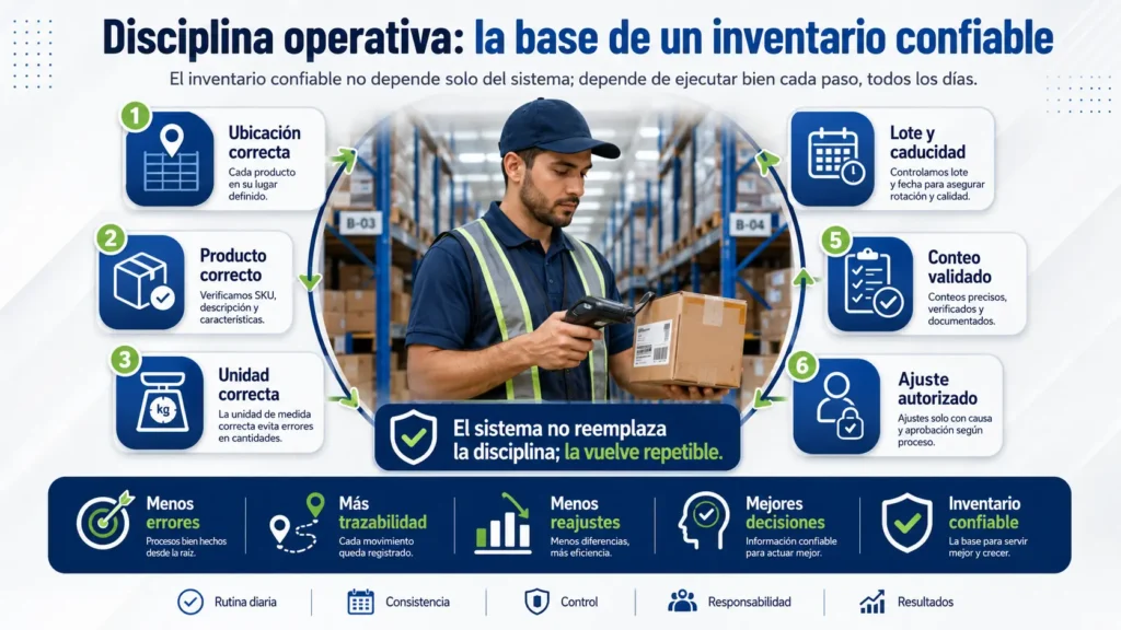 Infografía sobre disciplina operativa para lograr un inventario confiable mediante ubicación correcta, producto correcto, unidad correcta, lote, caducidad, conteo validado y ajuste autorizado.