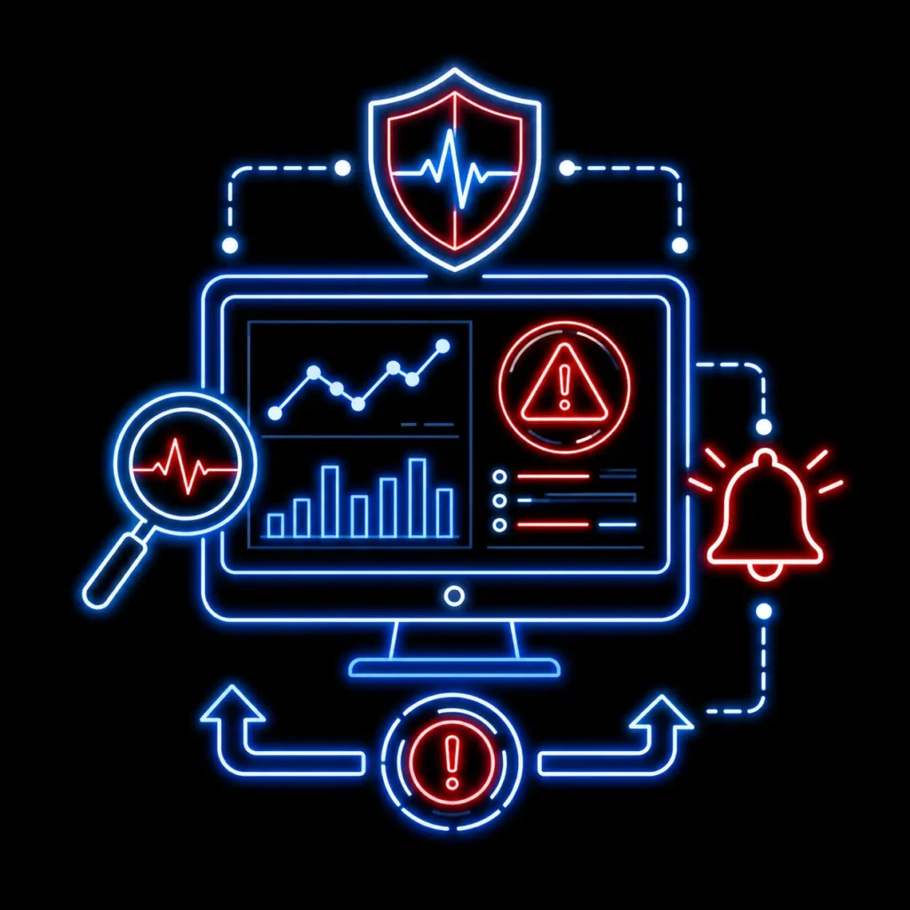 Icono de monitoreo y respuesta de ciberseguridad con tablero de alertas, análisis de eventos, escudo, lupa y notificaciones de incidentes.