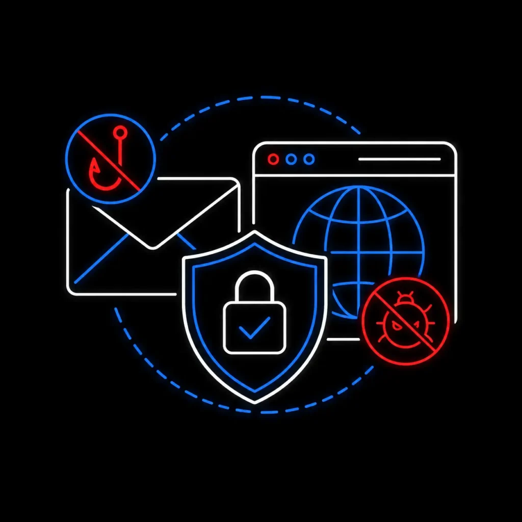 Icono de phising y malware mediante un escudo, un candado y verificación de seguridad.