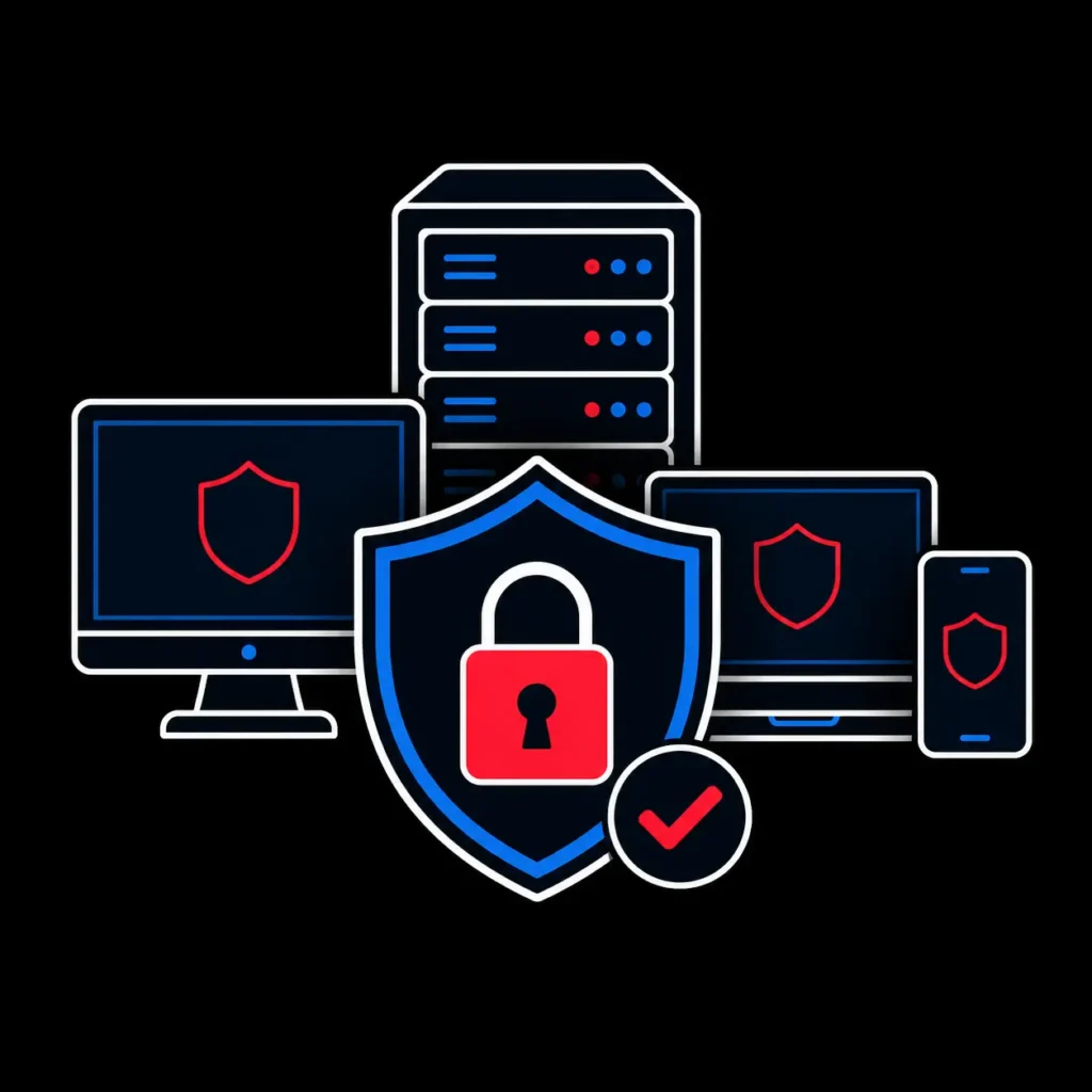 Icono de protección de computadoras, servidores y dispositivos mediante un escudo, un candado y verificación de seguridad.