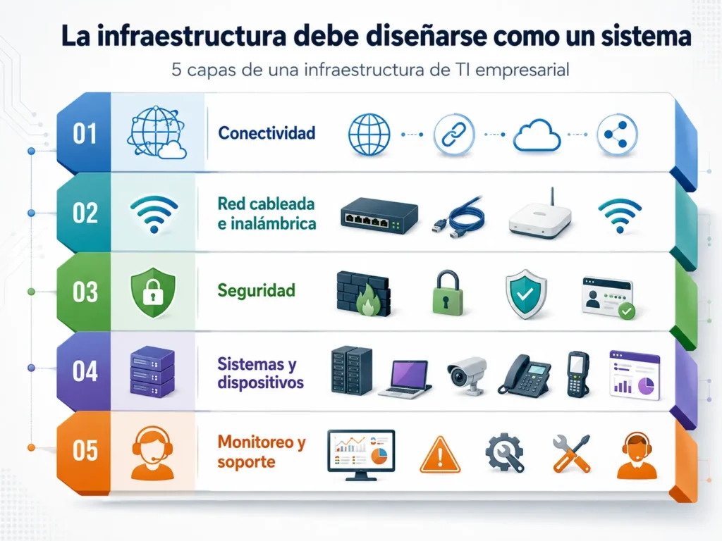 Infografía de las cinco capas de una infraestructura de TI empresarial: conectividad, red cableada e inalámbrica, seguridad, sistemas y dispositivos, y monitoreo y soporte.