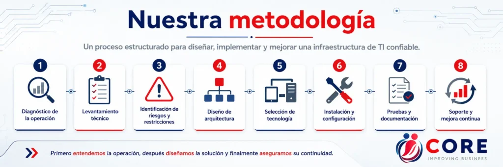 Infografía de la metodología de CORE para proyectos de infraestructura de TI, desde el diagnóstico de la operación y el levantamiento técnico hasta el diseño, instalación, pruebas, documentación, soporte y mejora continua.