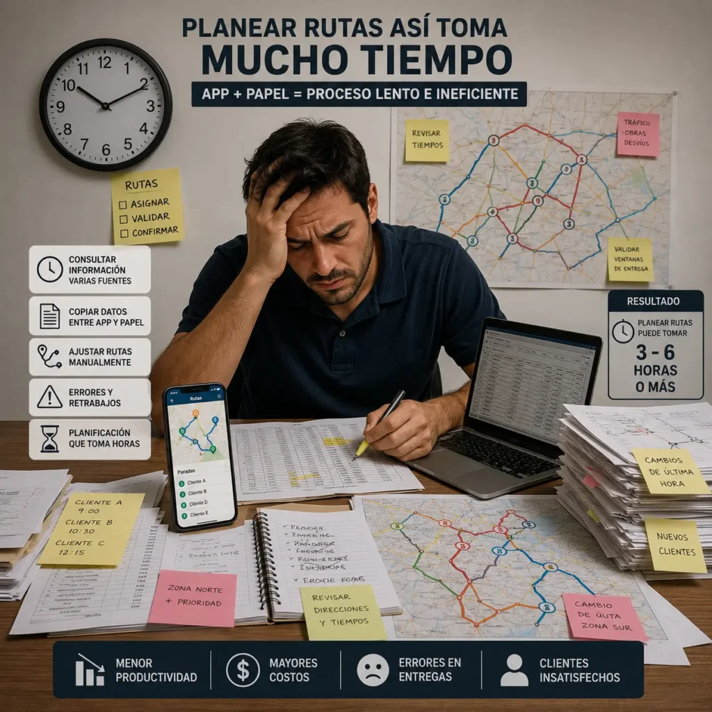 Muestra el proceso de plan de rutas manual usando maps y buscando ubicaciones