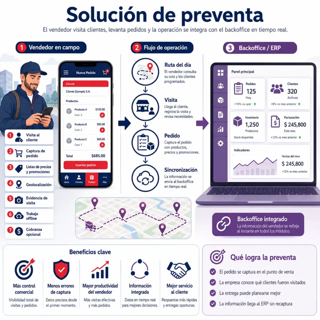 Muestra la app de preventa y el back