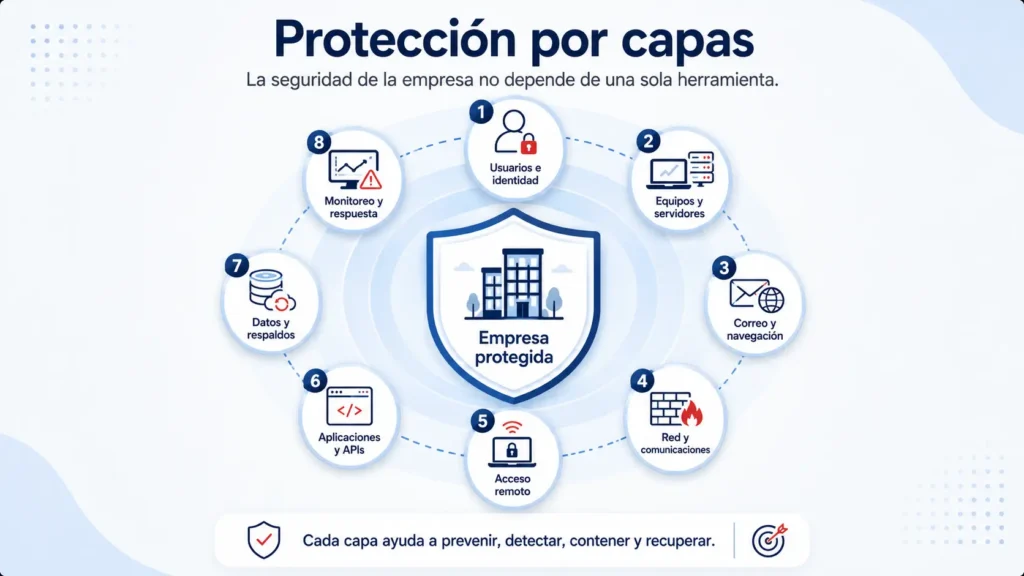 Infografía de protección por capas para empresas con ocho niveles de ciberseguridad: usuarios e identidad, equipos y servidores, correo y navegación, red y comunicaciones, acceso remoto, aplicaciones y APIs, datos y respaldos, y monitoreo y respuesta.