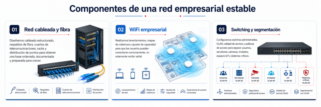 Infografía sobre los componentes de una red empresarial estable: cableado y fibra, WiFi empresarial, switches administrables y segmentación mediante VLAN.