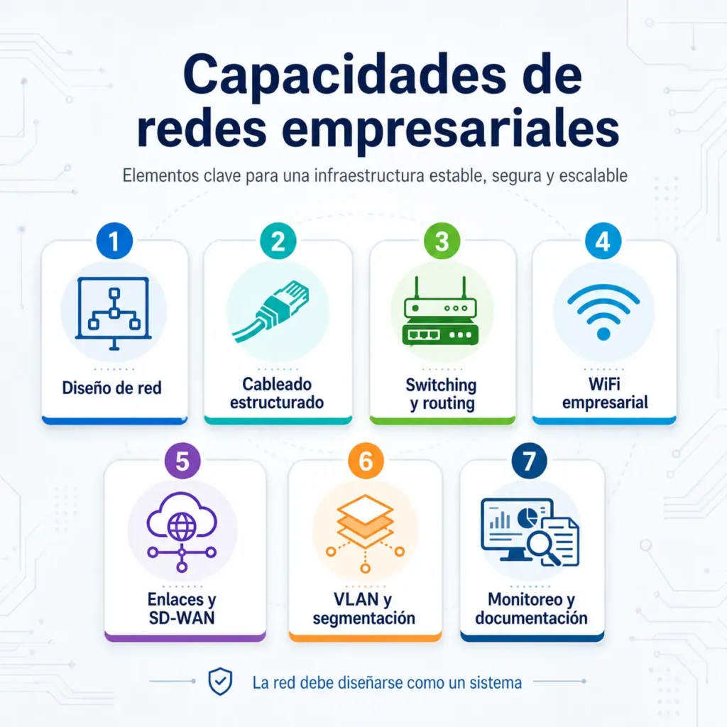 Infografía sobre capacidades de redes empresariales que muestra siete elementos clave para una infraestructura estable, segura y escalable: diseño de red, cableado estructurado, switching y routing, WiFi empresarial, enlaces y SD-WAN, VLAN y segmentación, y monitoreo y documentación.