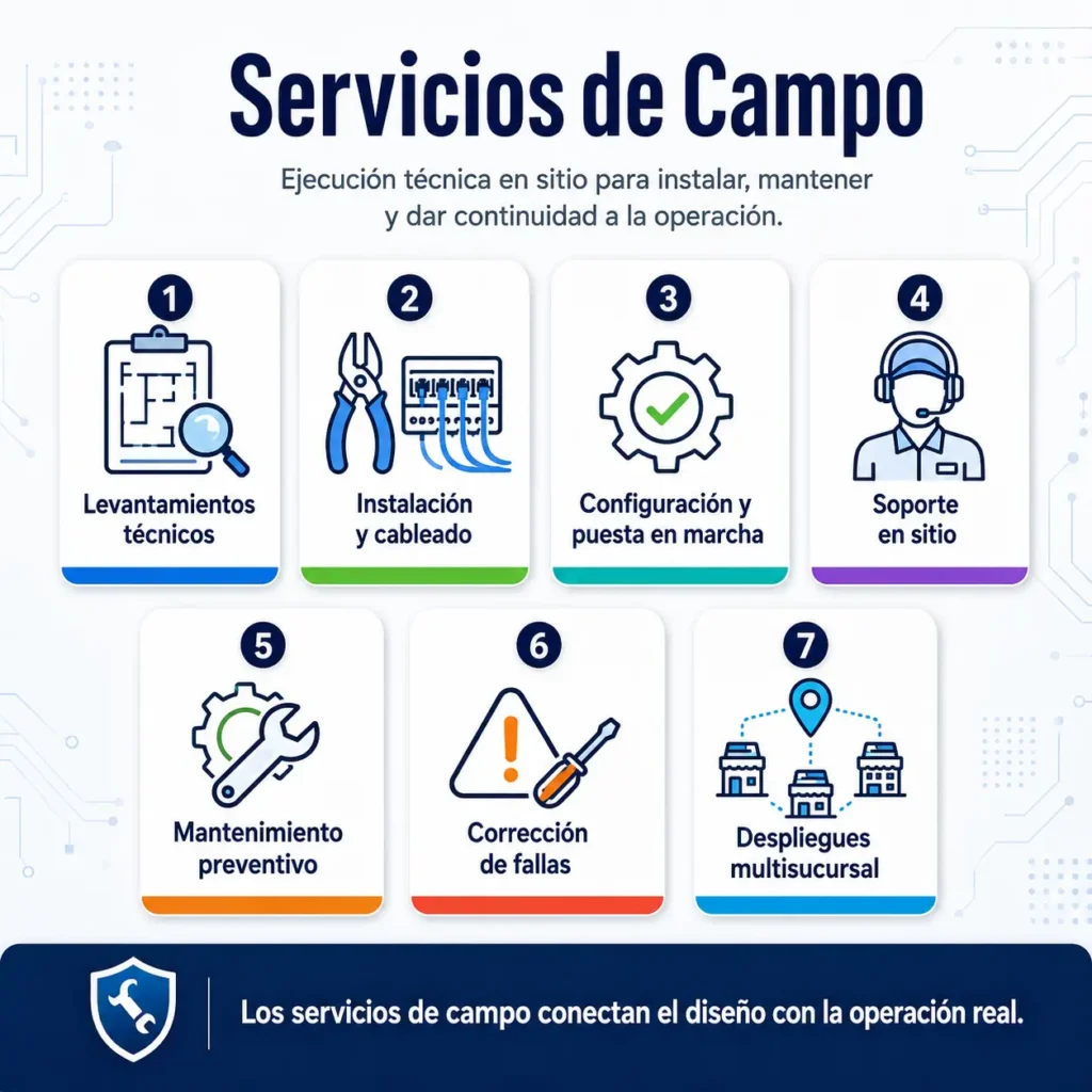 Infografía de servicios de campo que incluye levantamientos técnicos, instalación y cableado, configuración y puesta en marcha, soporte en sitio, mantenimiento preventivo, corrección de fallas y despliegues multisucursal.