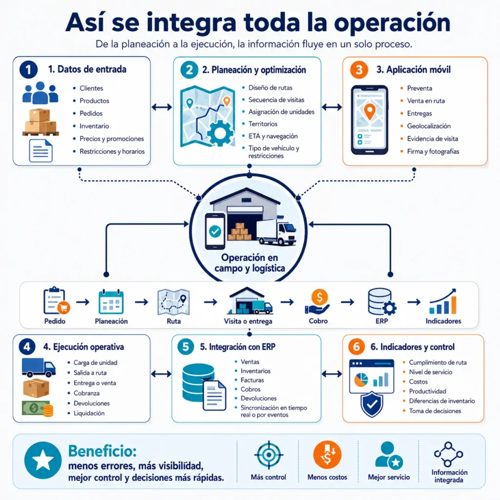 Flujo operativo integrado de logística desde pedidos y planeación de rutas hasta entregas, cobros, ERP e indicadores de control.