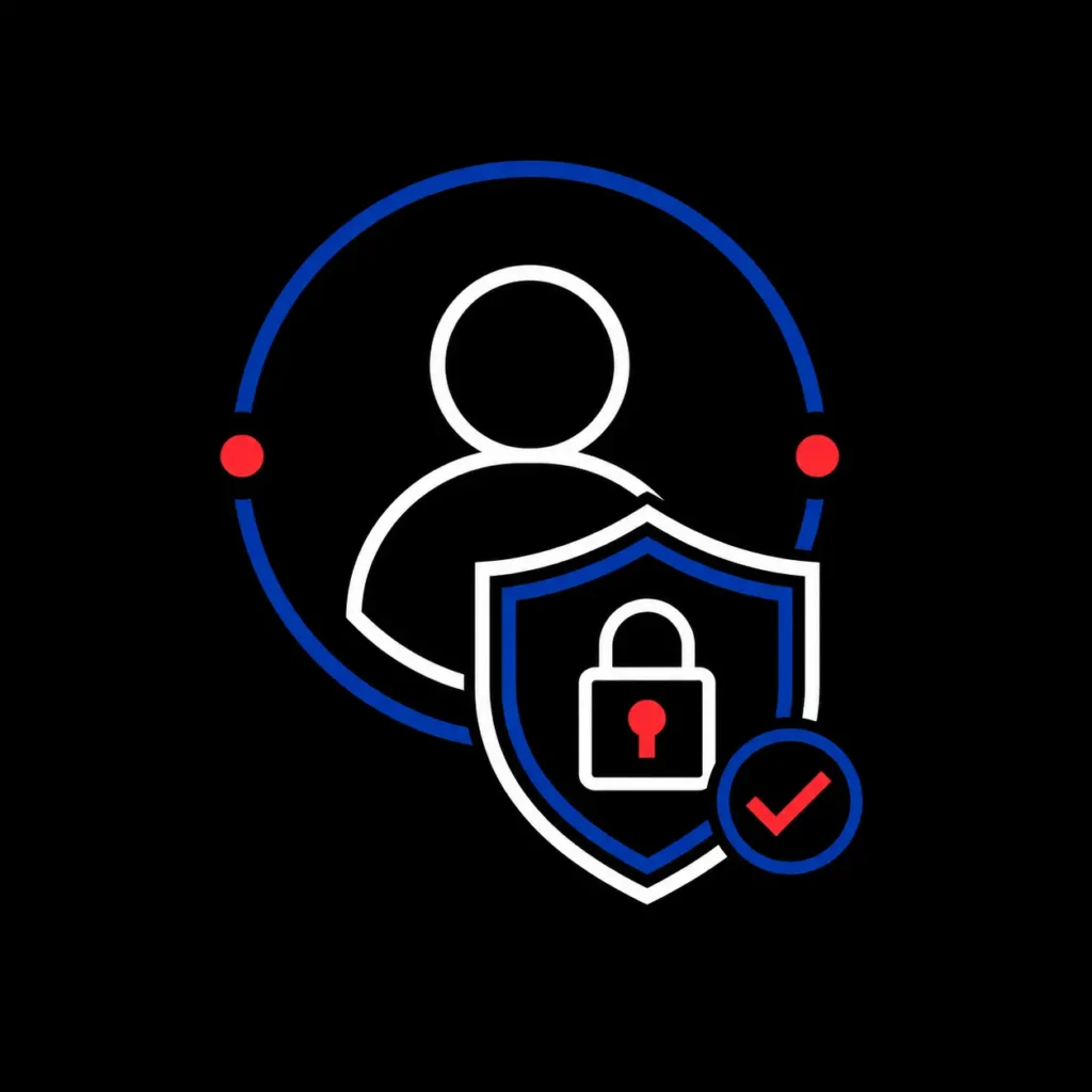 Icono de protección de usuarios e identidad mediante un escudo, un candado y verificación de seguridad.