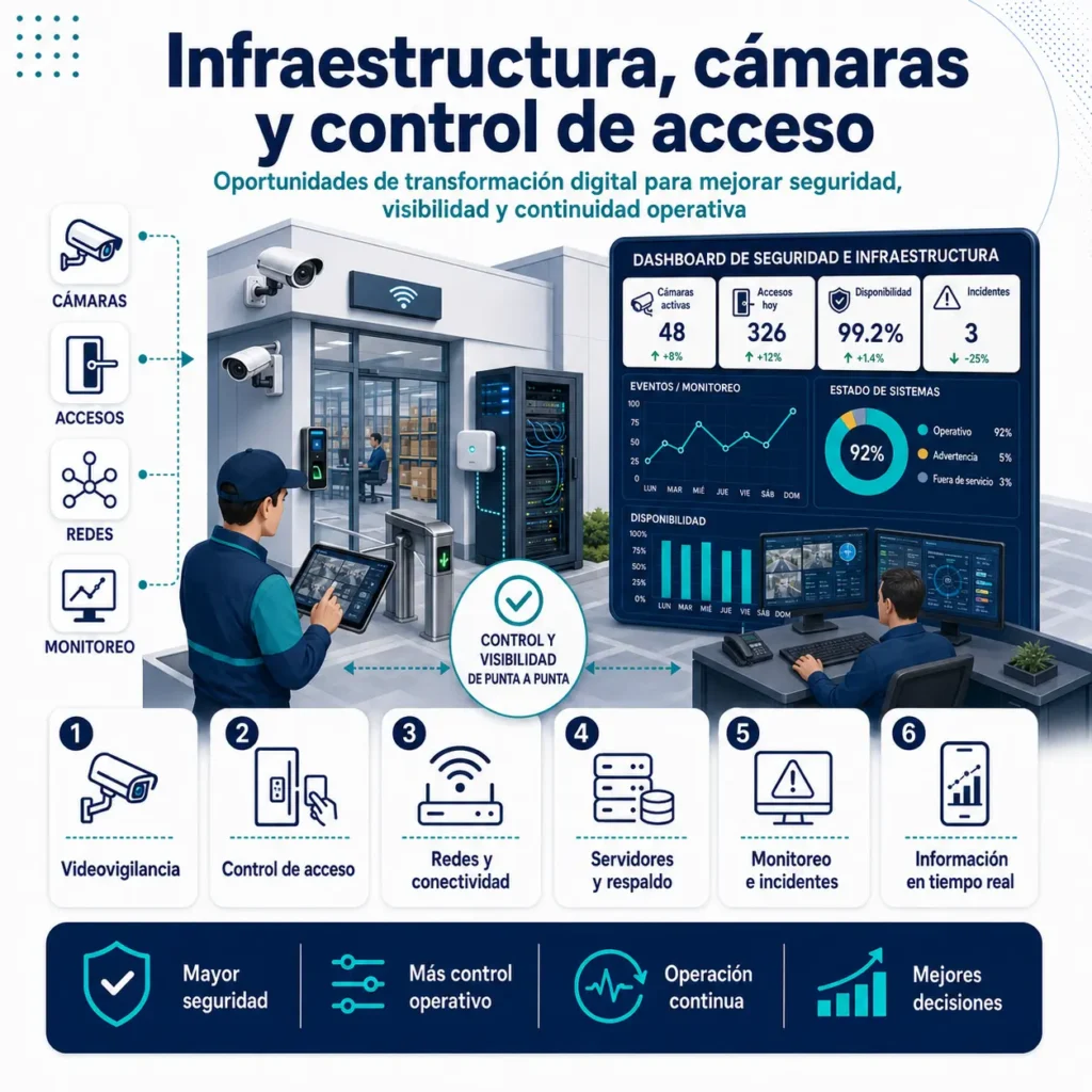Muestra nuestras soluciones de infraestructura: Redes, Wifi, Ciberseguridad, controles de acceso, cámares