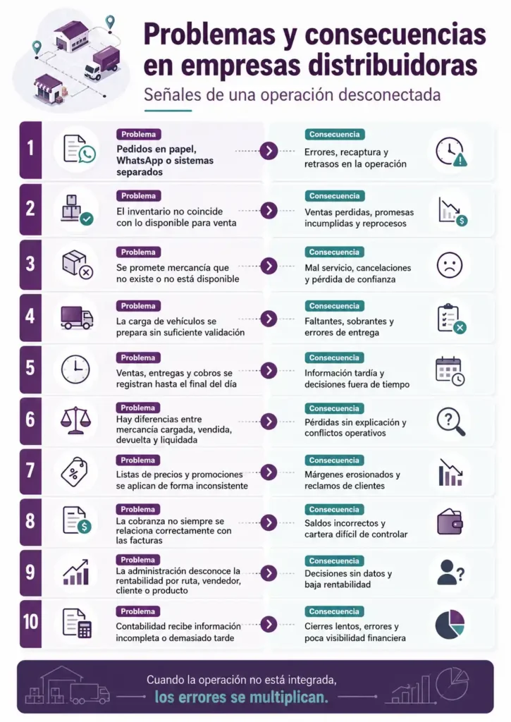 nfografía sobre diez problemas frecuentes en empresas distribuidoras y sus consecuencias operativas, comerciales y financieras.