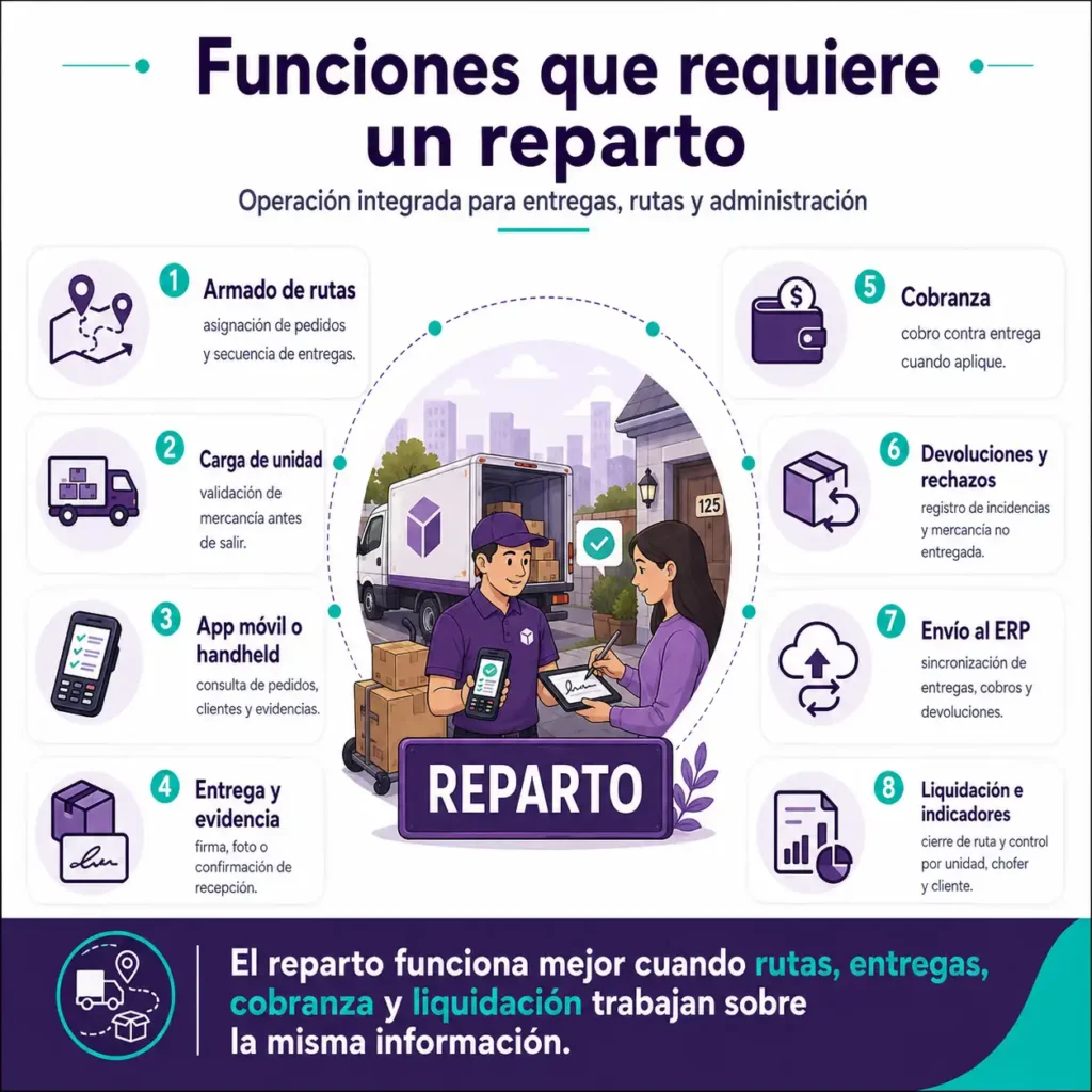 La imagen muestra los módulos que una operación de reparto necesita en un ERP