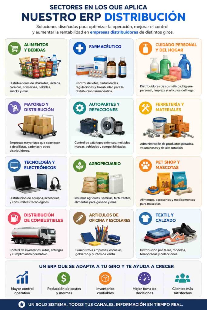 Muestra los sectores en donde aplica el ERP para empresas distribuidoras: Abarrotes, autoservicios, farmacias, refaccionarias, ferreterías, materiales de construcción, distribución de combustibles, cremerías, fabricantes de carnes frías, dulcerías, mayoristas, material eléctrico