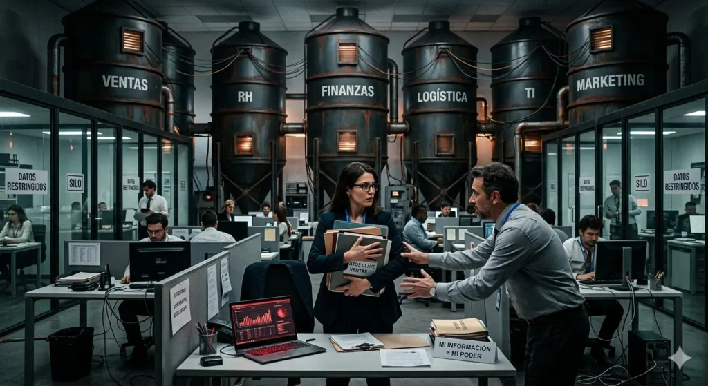La imagen muestra a una persona que no quiere compartir información, mostrando lo que se denomina un silo de información. Los silos de información son cotos de poder e imposibilitan una toma de decisiones ágil, de la misma forma son puntos en donde habrá resistencia ante cualquier cambio.