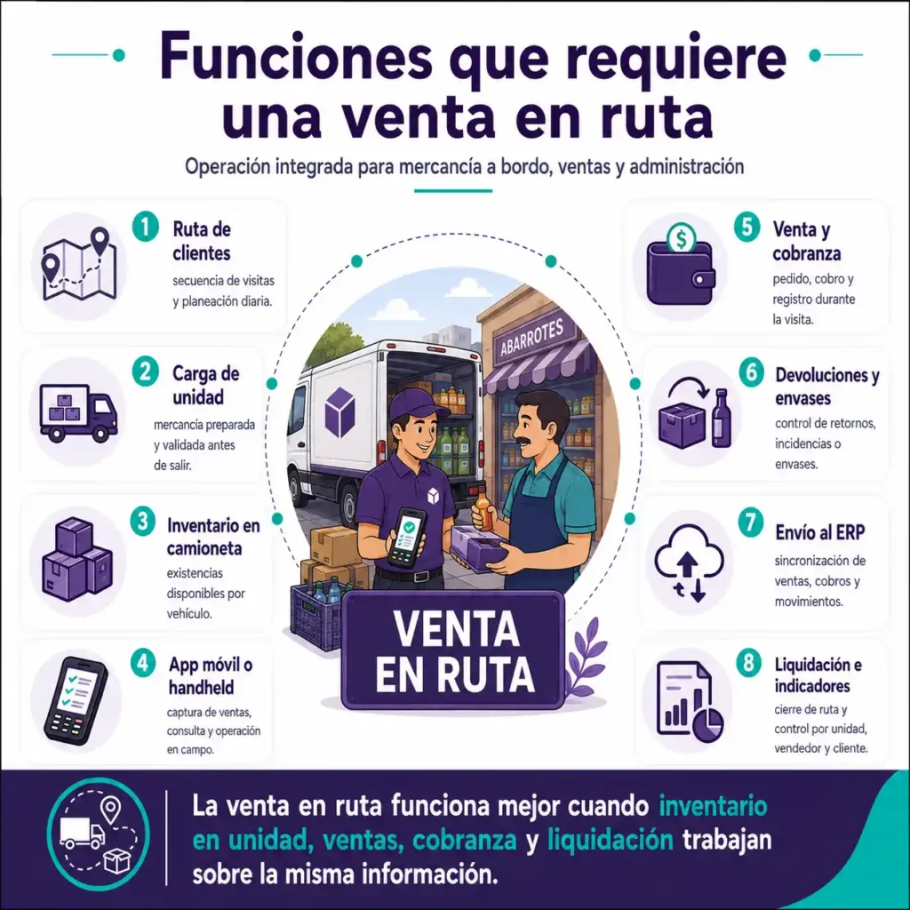 La infografía muestra los componentes del ERP necesarios para realizar venta en ruta o venta con mercancía a bordo