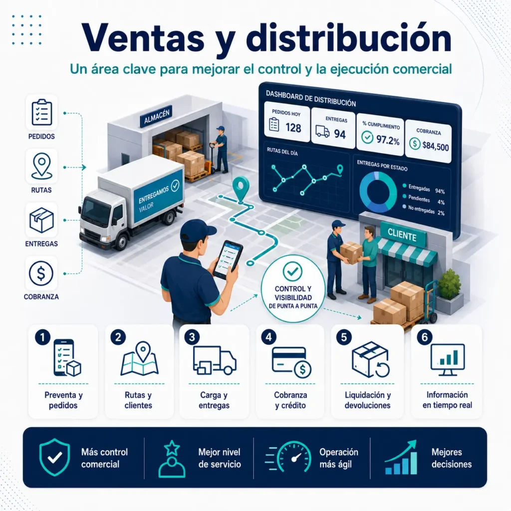 Imagen que muestra las soluciones de venta y distribución: Erp para distribuidores, Aplicaciones móviles de preventa, reparto, venta en ruta