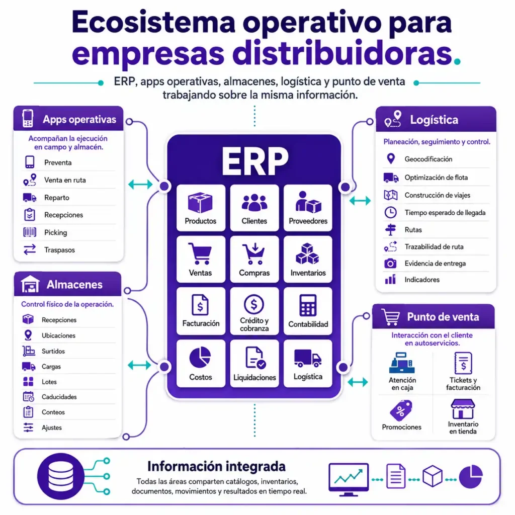 Infografía del ecosistema ERP para empresas distribuidoras que integra ERP, apps operativas, almacenes, logística y punto de venta sobre una misma información.