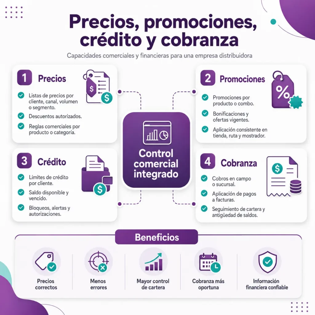 Una infografía con las condiciones comerciales que puede manejar el ERP para empresas distribuidoras