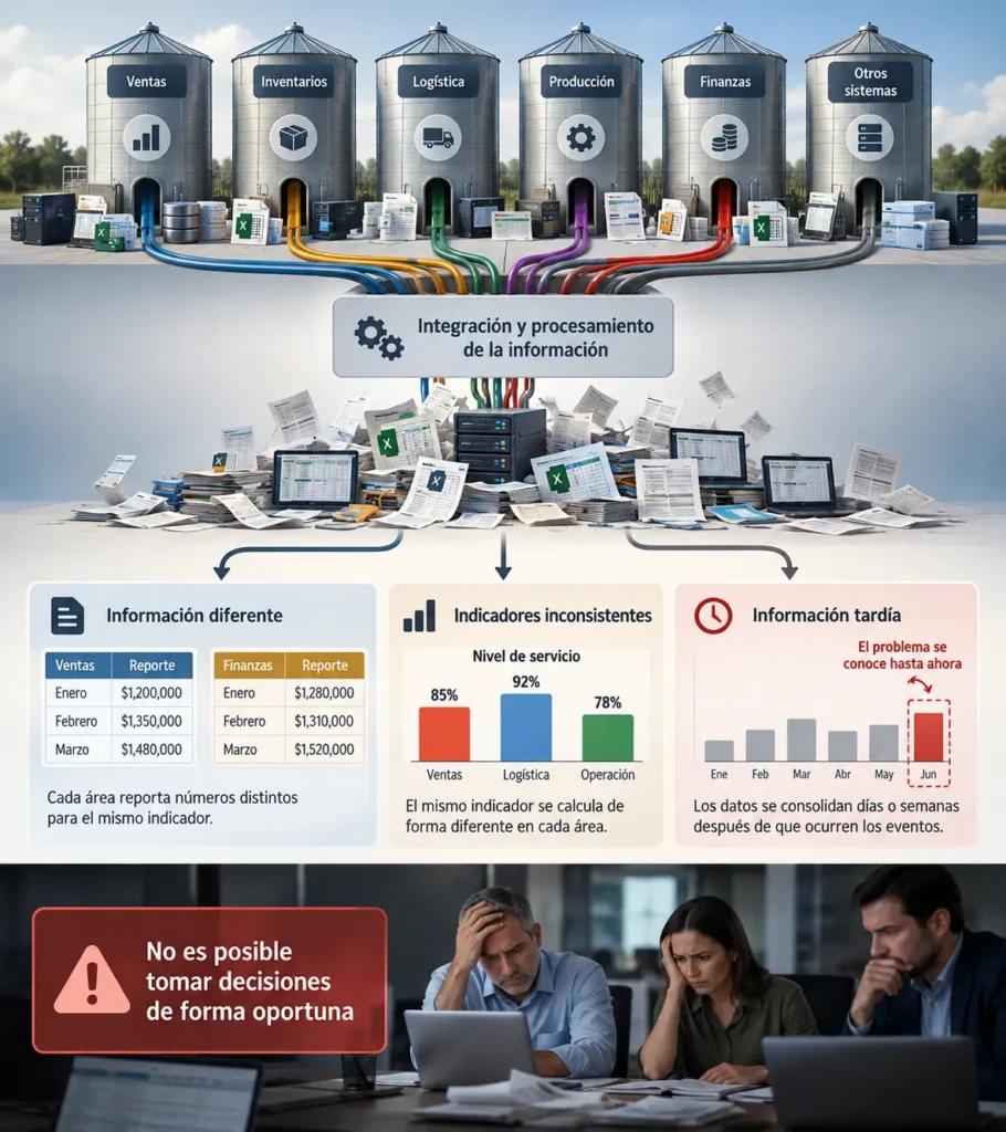 Imagen que muestra el proceso de transformar datos desde varias fuentes de para transformarlo en información que permita tomar decisiones.